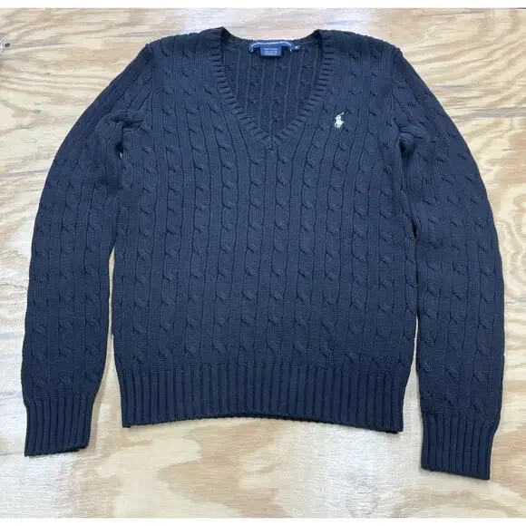 Polo Ralph Lauren Sport Cable Knit Sweater V Neck Women’s Medium Black Preppy - Picture 1 of 8